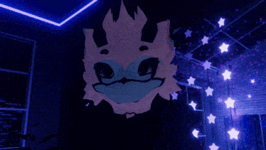 a close up of a cartoon character 's face in a room with stars on the ceiling