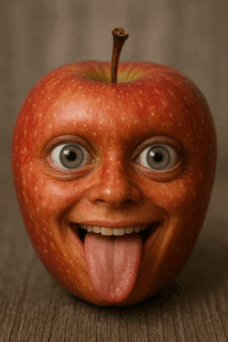 a red apple with a face on it sticking out its tongue