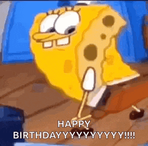 a cartoon of spongebob squarepants holding a piece of cheese and saying `` happy birthday '' .