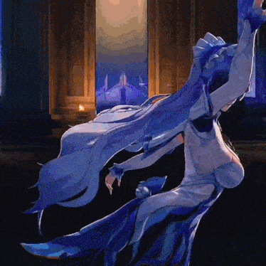 a drawing of a woman with long blue hair