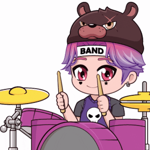 a cartoon of a boy playing drums with the word band on his headband