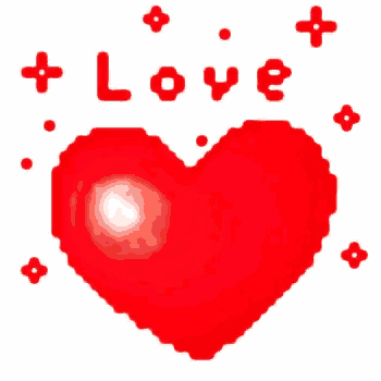 a pixel art of a red heart with the word love written on it