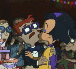 a cartoon of a man in a tuxedo and bow tie kissing a woman