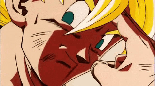 a close up of a cartoon character 's face with a yellow hair and a blue eye .