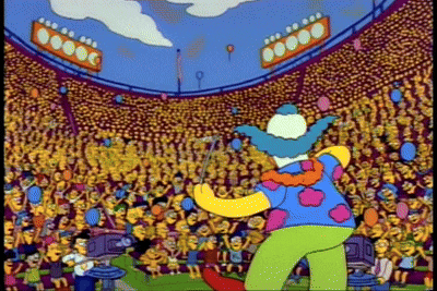a cartoon of a clown in front of a crowd