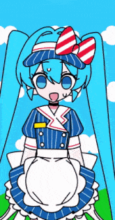 a drawing of a girl wearing a blue and white striped dress and hat