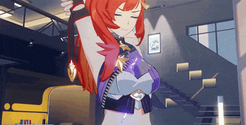 a girl with red hair is standing in a room holding a purple object .