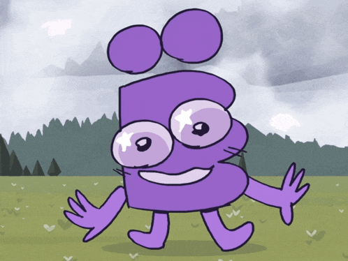a cartoon drawing of a purple character with big eyes