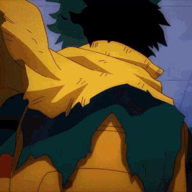 a close up of a cartoon character 's back with a green and yellow jacket