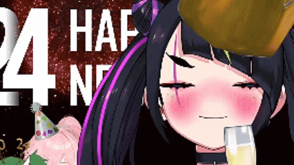 a girl in a party hat holds a glass of champagne in front of a sign that says happy new year