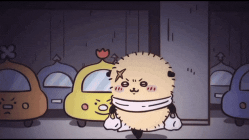 a cartoon character with a scarf around his neck is standing in front of a yellow car