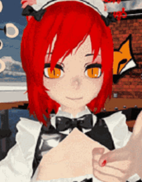 a girl with red hair and orange eyes is holding a piece of paper