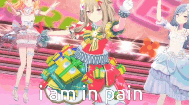 three anime girls are dancing on a stage with the words " i am in pain " on the bottom right