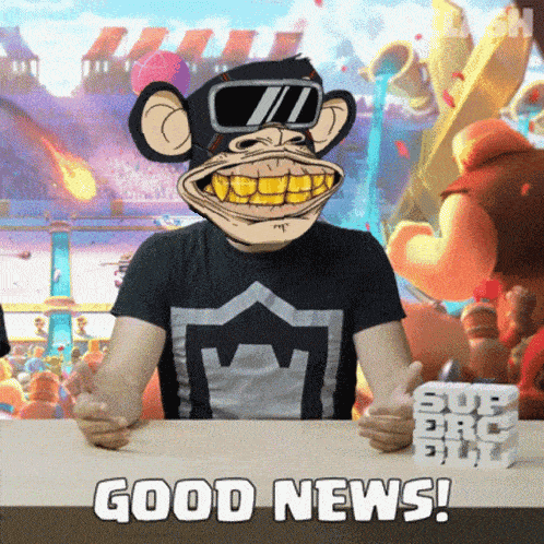 a man wearing a monkey mask is sitting at a table with the words good news written on it