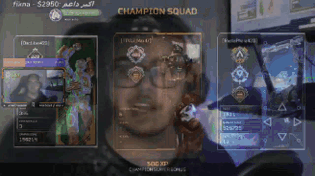 a screen shows a man with glasses and the words champion squad on it