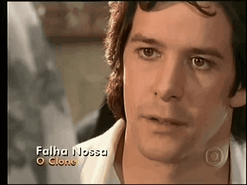 a close up of a man 's face with the words falha nossa o clone on the bottom