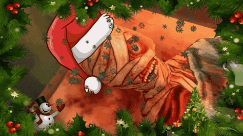 a christmas scene with a snowman and a santa hat