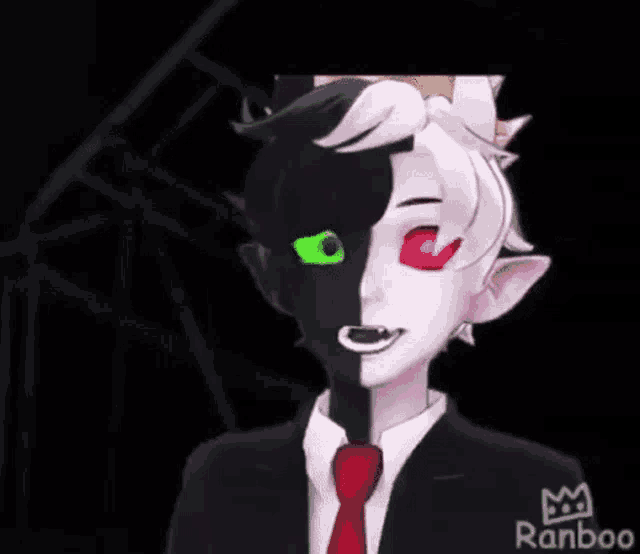 a cartoon character with half of his face black and half of his face white and red .