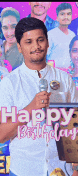 a man is holding a microphone in front of a happy birthday poster