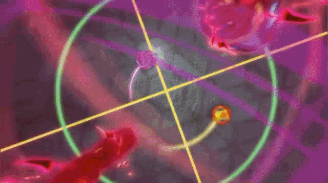 two spinning tops are fighting each other in a dark room .