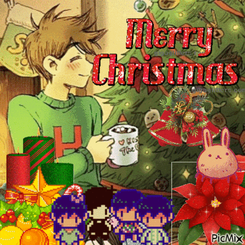 a christmas card with a man holding a cup of hot chocolate and the words merry christmas