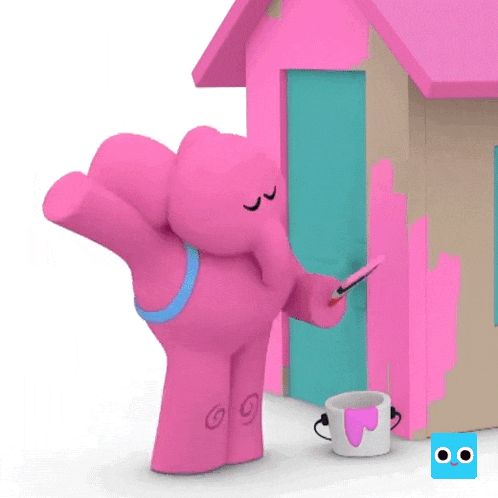 a pink teddy bear is painting a pink house