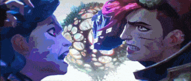 a man and a woman are looking at each other with a purple background