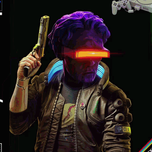 a man with purple hair is holding a gun in his hand