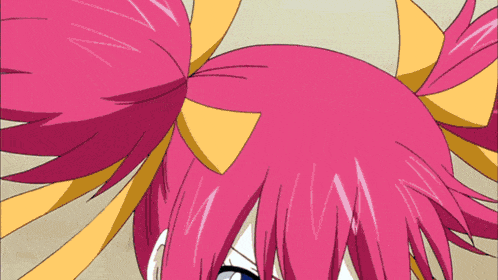 a close up of a pink haired anime character with a yellow bow in her hair