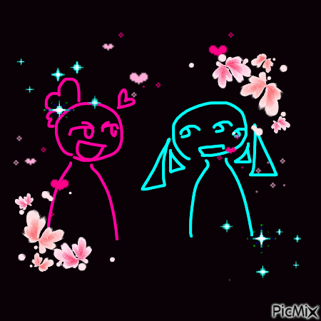 a pink and blue stick figure are standing next to each other