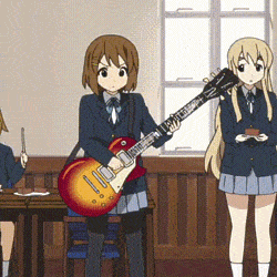 a girl is holding a guitar in front of a window