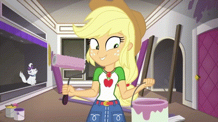 applejack from my little pony equestria girls is holding a paint roller and a bucket of paint .