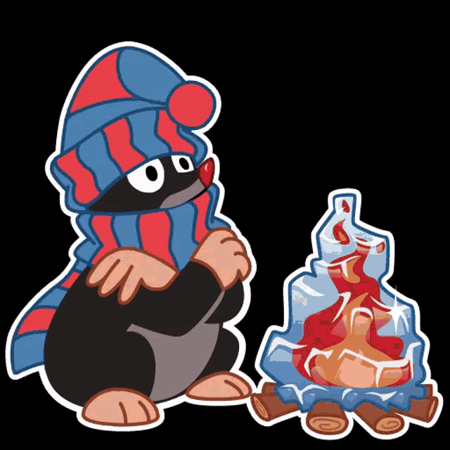 a cartoon mole wearing a scarf and a hat is standing next to a fire