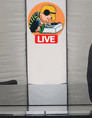 a sign that says live on it with a cartoon of a boy playing a record