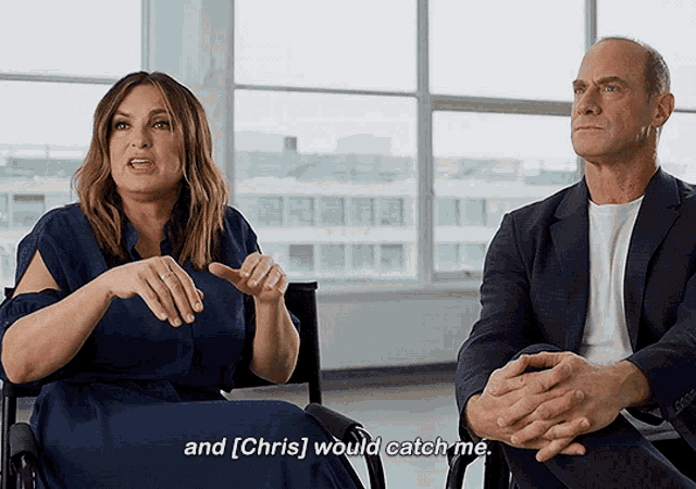 a man and a woman are sitting next to each other and the woman says " and [chris would catch me "