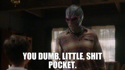 a man in a mask is standing in front of a window and says `` you dumb little shit pocket '' .