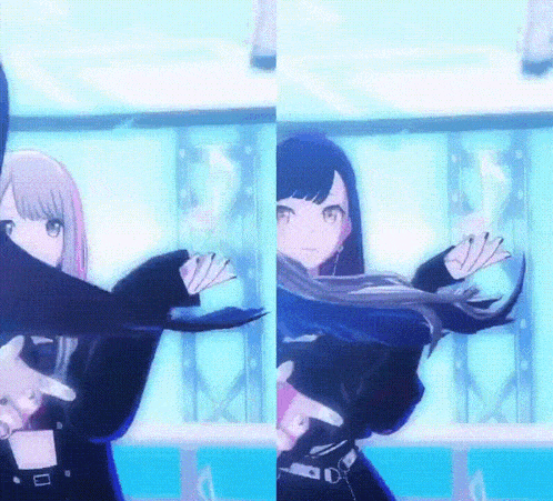 a couple of anime girls are dancing in front of a blue background