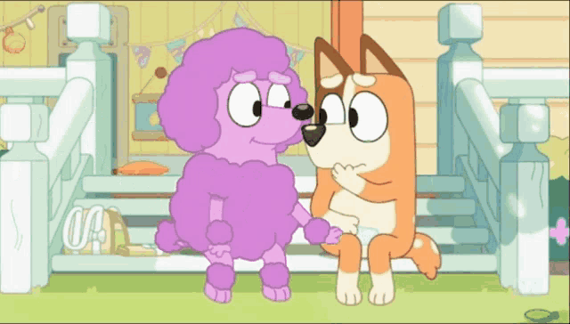 a cartoon of a dog and a purple bear