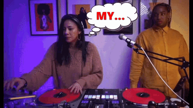 a man and a woman playing music with a thought bubble saying my