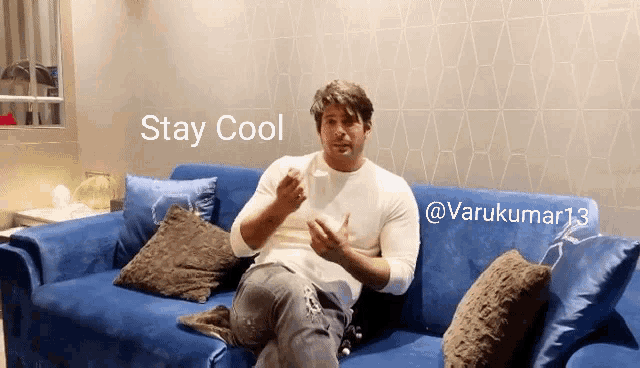 a man is sitting on a blue couch with the words stay cool behind him