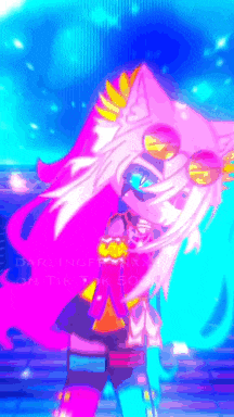 a cartoon character with pink hair and blue eyes is standing in front of a blue and pink background .