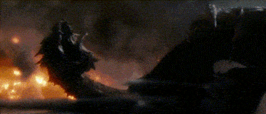 a dragon 's head is visible in front of a large fire