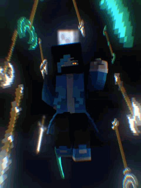a minecraft character is surrounded by various weapons including a sword