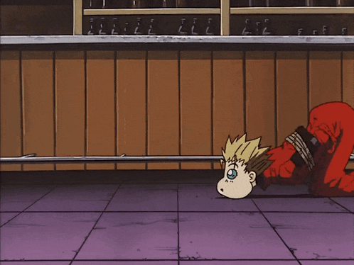 a cartoon character is tied up on the floor with a purple tile floor