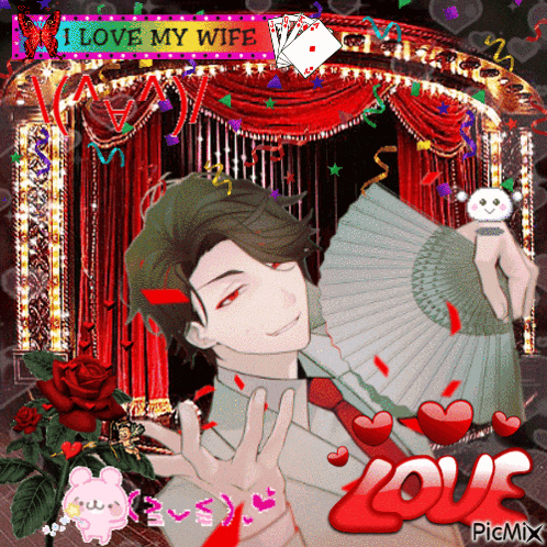 a cartoon of a man holding a fan with the words " i love my wife " above him
