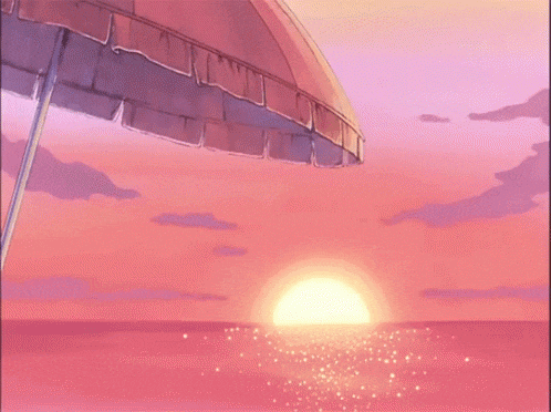 a beach scene with a pink umbrella in the foreground