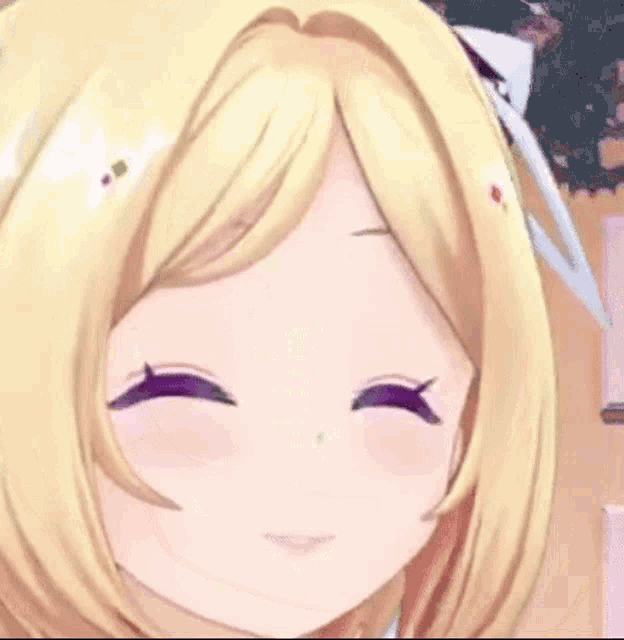 a close up of a anime girl 's face with purple eyes and blonde hair .