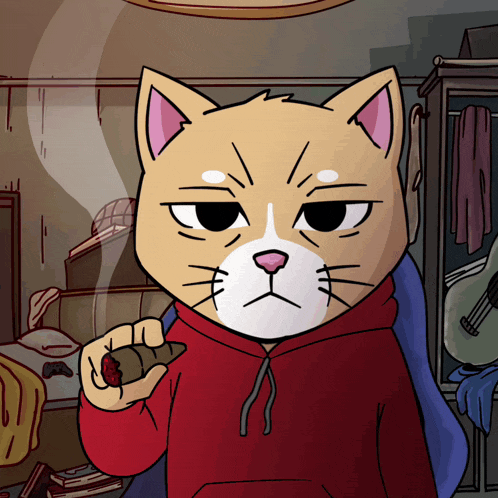 a cartoon cat in a red hoodie is smoking a cigar