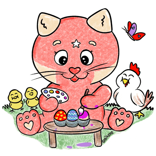 a drawing of a pink cat painting easter eggs with chickens and butterflies