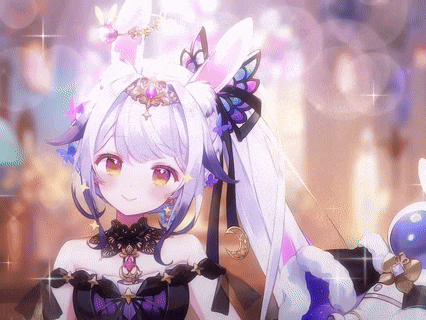 a girl with white hair and purple flowers on her hair